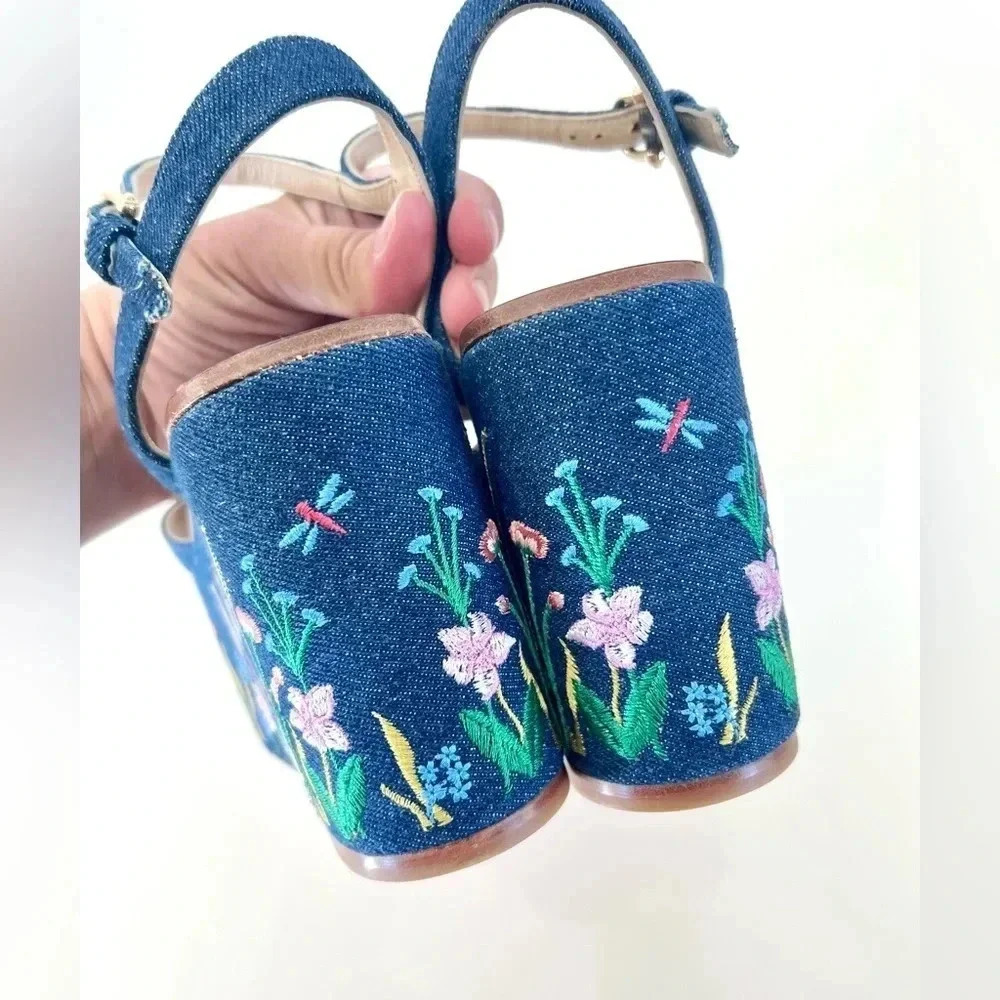 Etienne Aigner Sofhia Floral Embroidered Denim Platform Strappy Shoes‎ Size 6.5 - Picture 6 of 16
